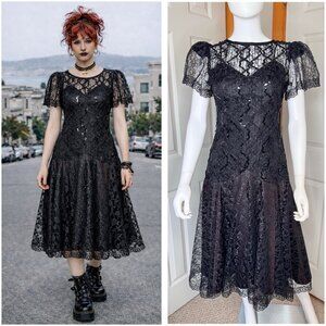 Vintage 90s Whimsigoth Black Lace & Sequin Prom Dress